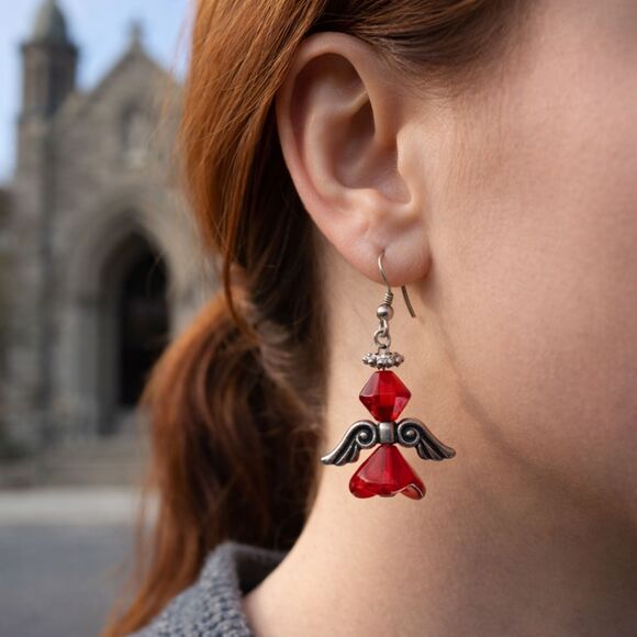 Handmade Jewelry - Red 3D ANGEL Beaded Dangle Earrings Handmade Artisan Antique Silver Wings Halo